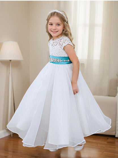 A-line Lace Organza Ankle-length Ivory Flower Girl Dress