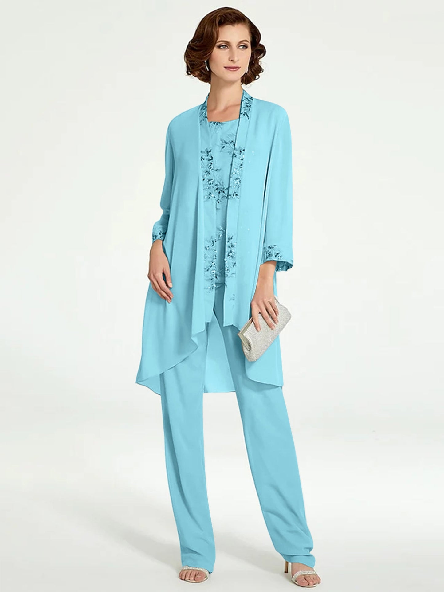 Chiffon Round Neck Floor-Length Mother of the Bride Pantsuits with Jacket