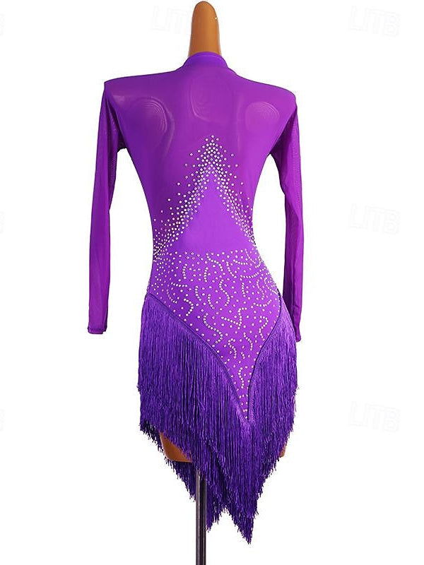 Latin Dance Dress Crystals/Rhinestones Women's Performance  Long Sleeve Spandex