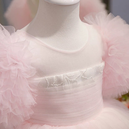 Knee Length Ruffled Tulle Short Sleeves A-Line/Princess Baby Girl Party Dress