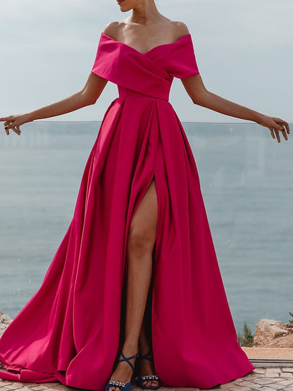 A-Line/Princess Off-the-shoulder Short Sleeves Floor Length Evening Dress