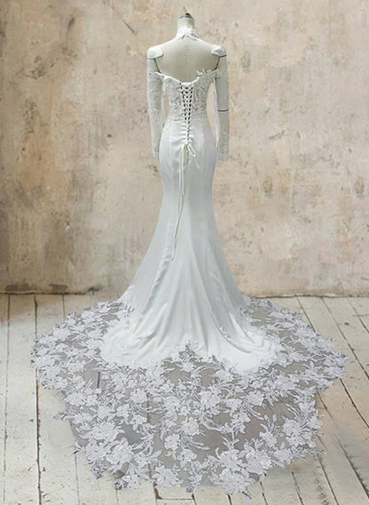 Trumpet/Mermaid White Strapless Long Sleeves Wedding Dresses with Lace Appliques