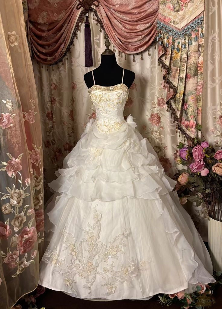 White gorgeous gold exquisite beaded floral applique long ball gown evening dress wedding dress gh3233