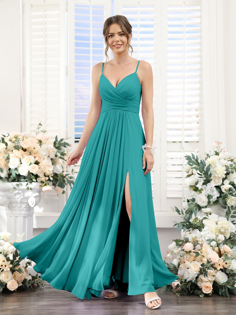 A-Line/Princess V-Neck Spaghetti Straps Sleeveless Floor-Length Chiffon Bridesmaid Dresses with Split Side