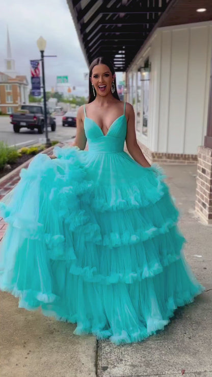 Wrenlee |A-line V-Neck Tulle Prom Dress with Tiered Ruffles