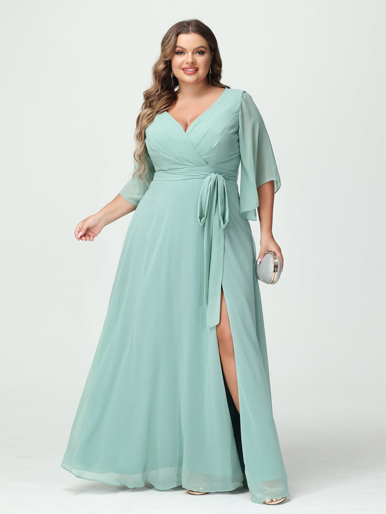 A-Line/Princess/Princess V-Neck Long Sleeves Chiffon Plus Size Bridesmaid Dresses With Pockets Belt & Split Side