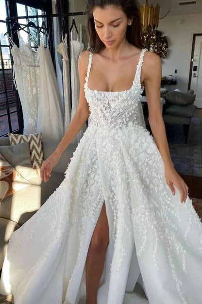 White fantasy square neck slit lace applique long tulle backless bridal gown wedding dress gh2404