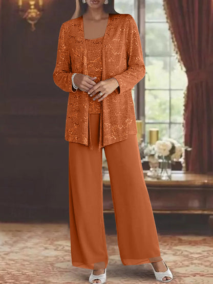 Chiffon Mother of the Bride Pantsuits with Jacket & Sequins