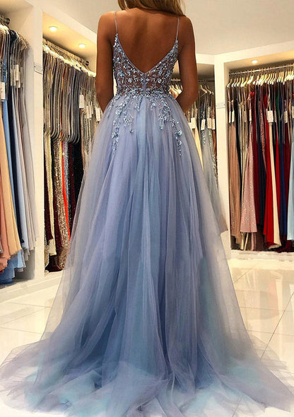 A-Line/Princess V-Neck Spaghetti Straps Long Prom Dresses With Split Side