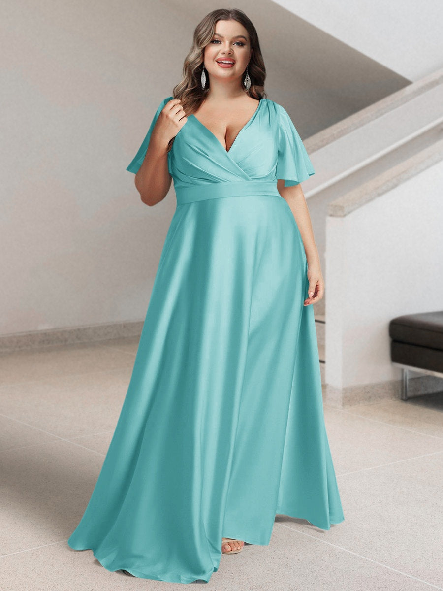 A-Line/Princess V-Neck Short Sleeves Silk Satin Plus Size Bridesmaid Dresses with Pockets