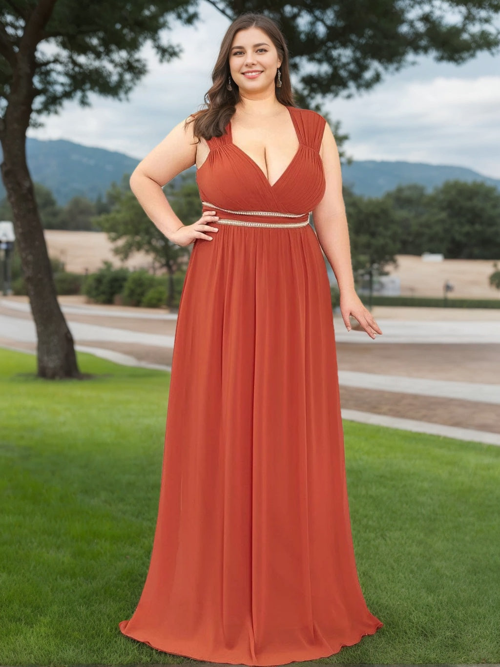 A Line/Princess Deep V-Neck Sleeveless Floor-Length Plus Size Bridesmaid Dresses with Beads