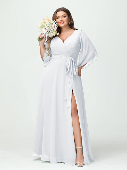 A-Line/Princess/Princess V-Neck Long Sleeves Chiffon Plus Size Bridesmaid Dresses With Pockets Belt & Split Side