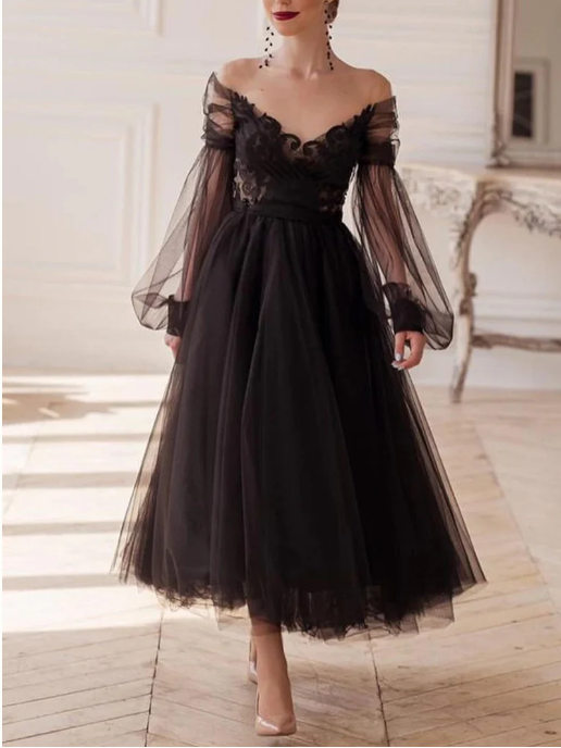 A-Line/Princess V-Neck Long Sleeves Ankle-Length Evening Dress