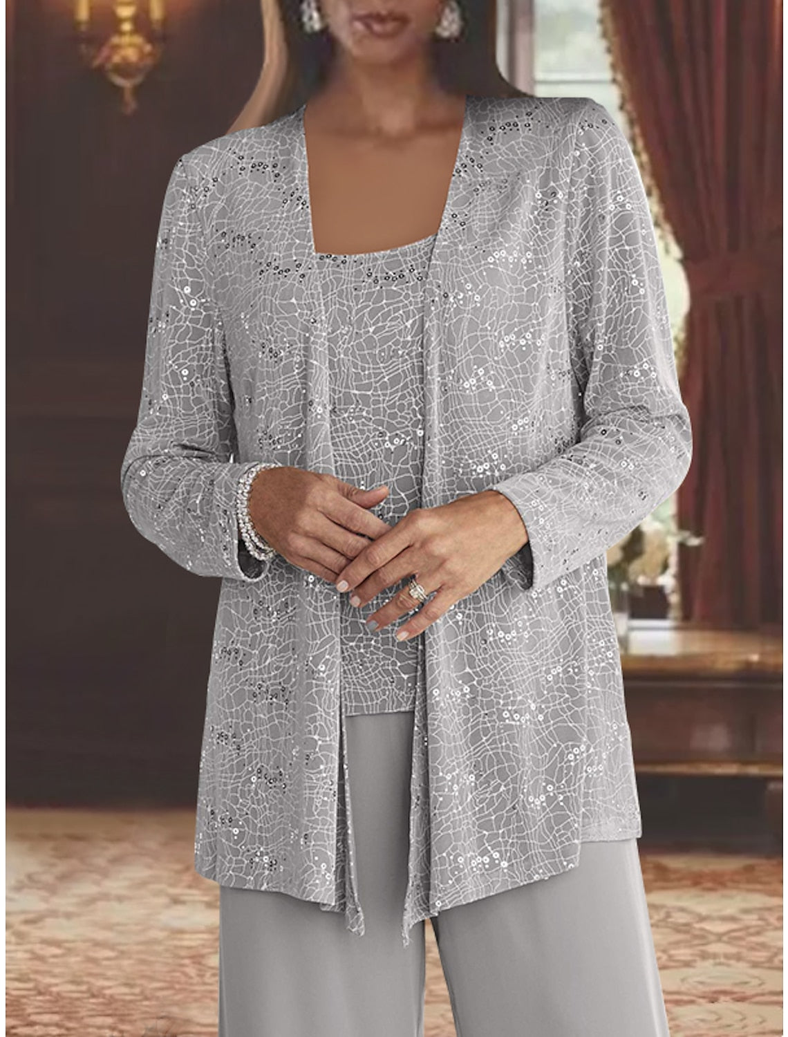 Chiffon Mother of the Bride Pantsuits with Jacket & Sequins