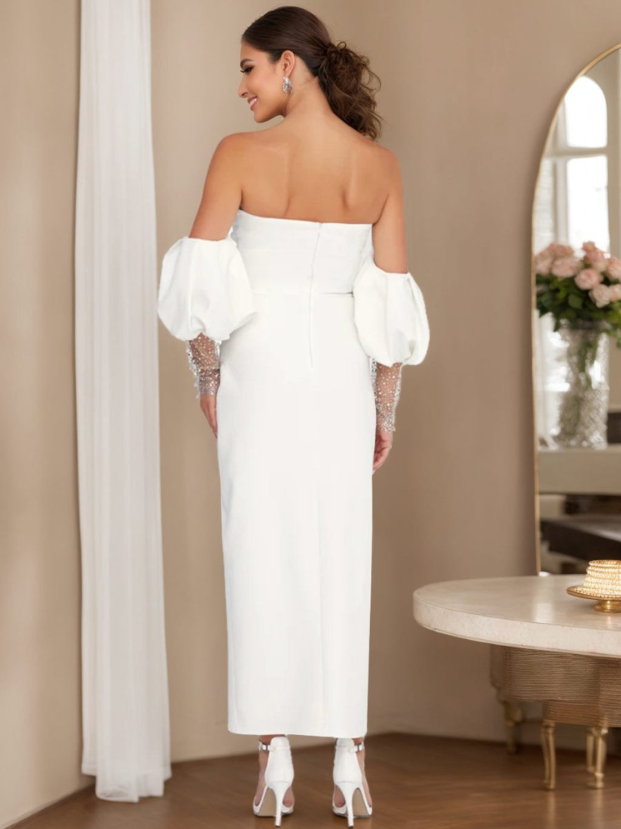 Sheath/Column V-Neck Half Sleeves Ankle Length Wedding Dress with Lace & Split Side