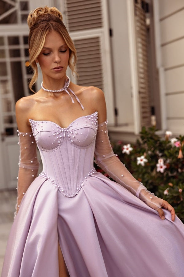 Strapless Pale Purple Pearls Beaded Long Split Prom Dress ZT0242