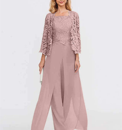 Chiffon Square Neck Floor-Length Mother of the Bride Pantsuits with Jacket & Split Side