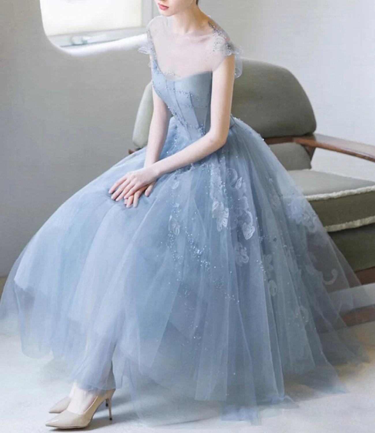 Blue tulle lace short A line prom dress party dress  8744