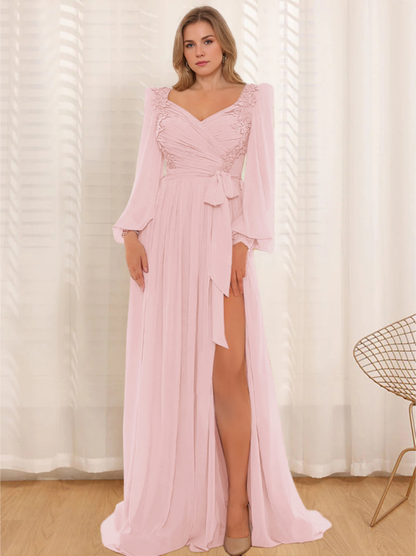 A-Line/Princess Sweetheart Long Sleeves Floor-Length Plus Size Mother of the Bride Dresses with Lace & Pleated