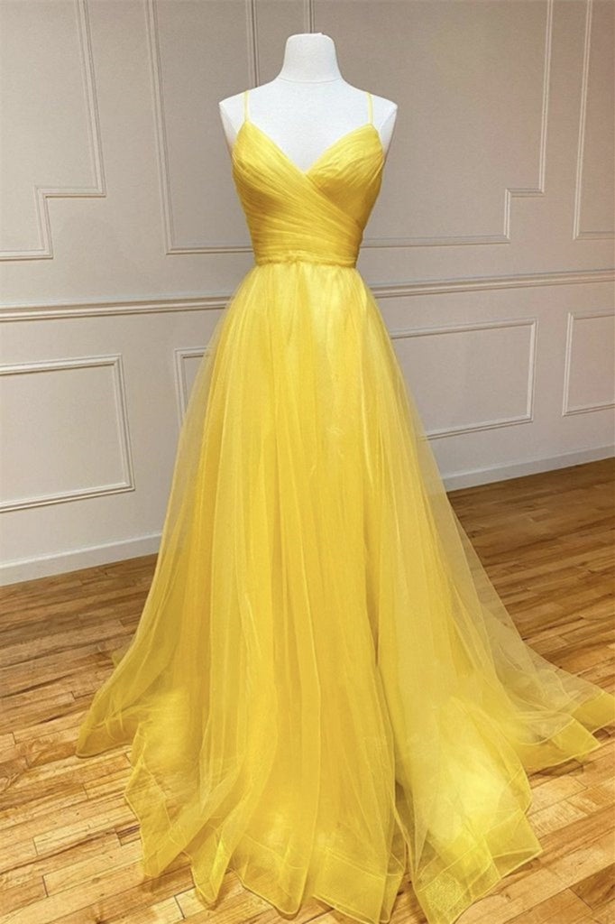 Yellow Spaghetti-Straps Prom Dress String Back PD0377