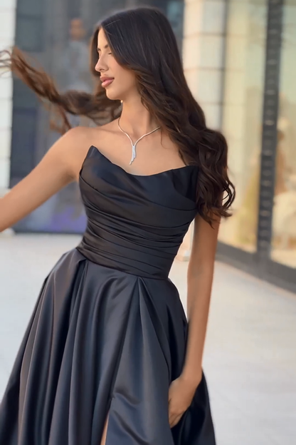 Beautiful Prom Dress Black Sleeveless Strapless Christmas Sale With Slit Gown YL0319