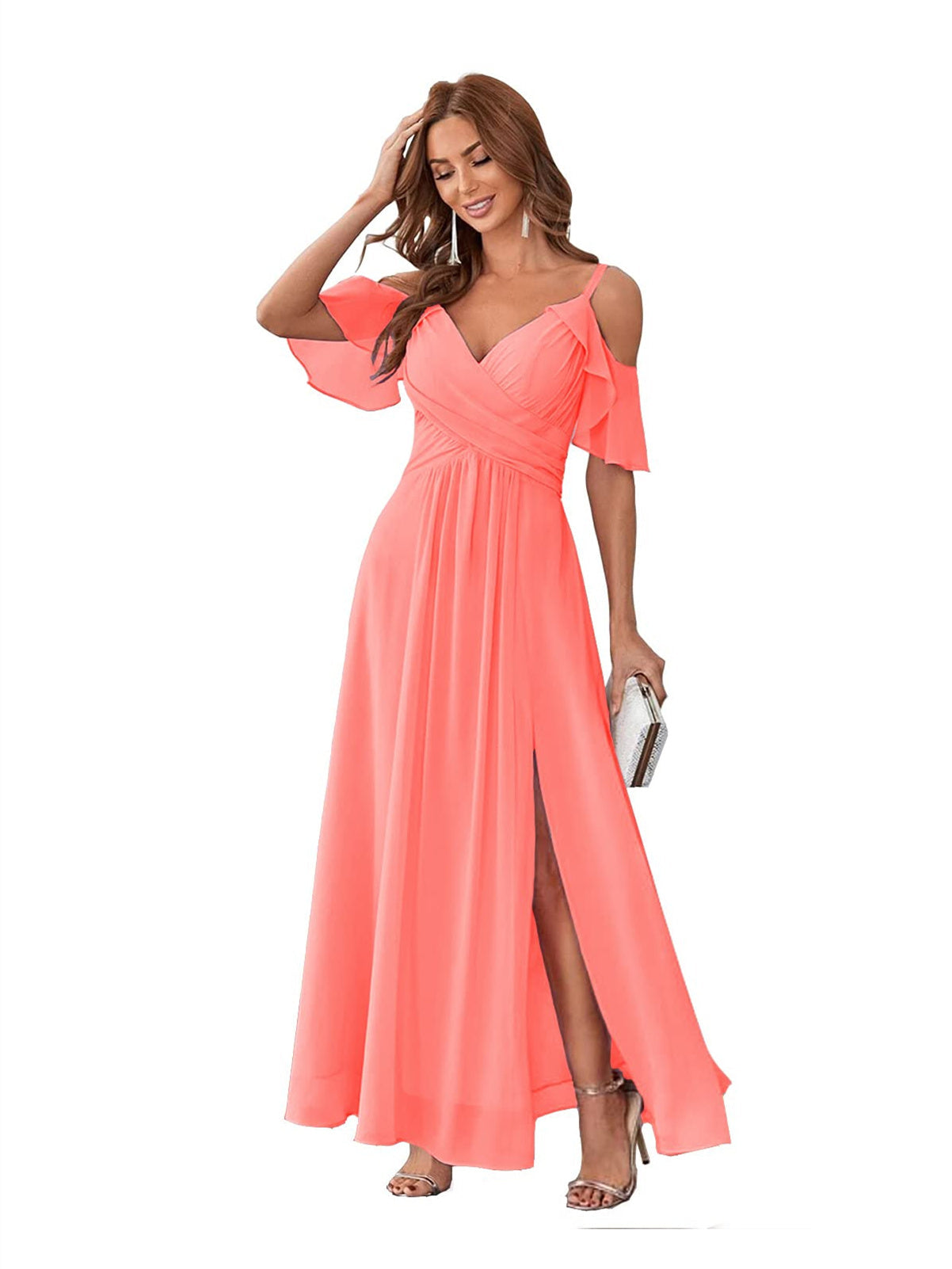 A-Line/Princess  V Neck Short Sleeve Spaghetti Straps Ankle  Length Bridesmaid Dresses  Chiffon with Ruffles Bow(s)