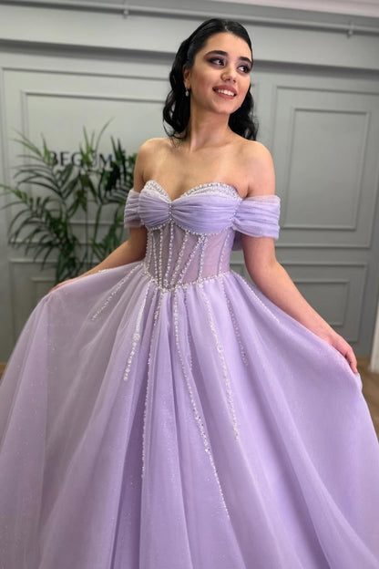 Light Purple Sweetheart Off-The-Shoulder Mesh Prom Dress ZT0333