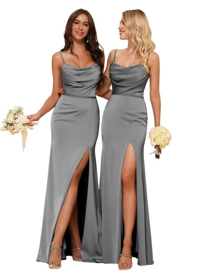 Sheath/Column Spaghetti Straps  Sleeveless Floor Length Bridesmaid Dresses  Satin with Ruffles Split