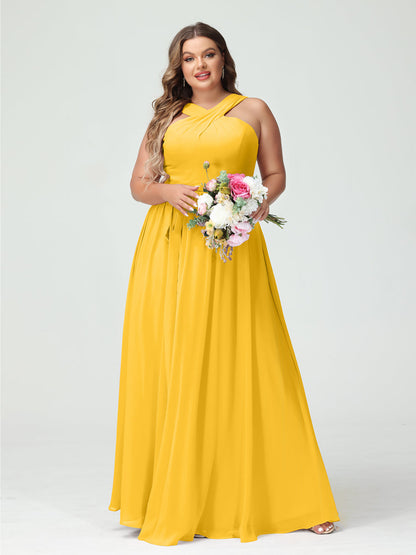 A-Line/Princess/Princess Criss Cross Sleeveless Chiffon Plus Size Bridesmaid Dresses with Sash