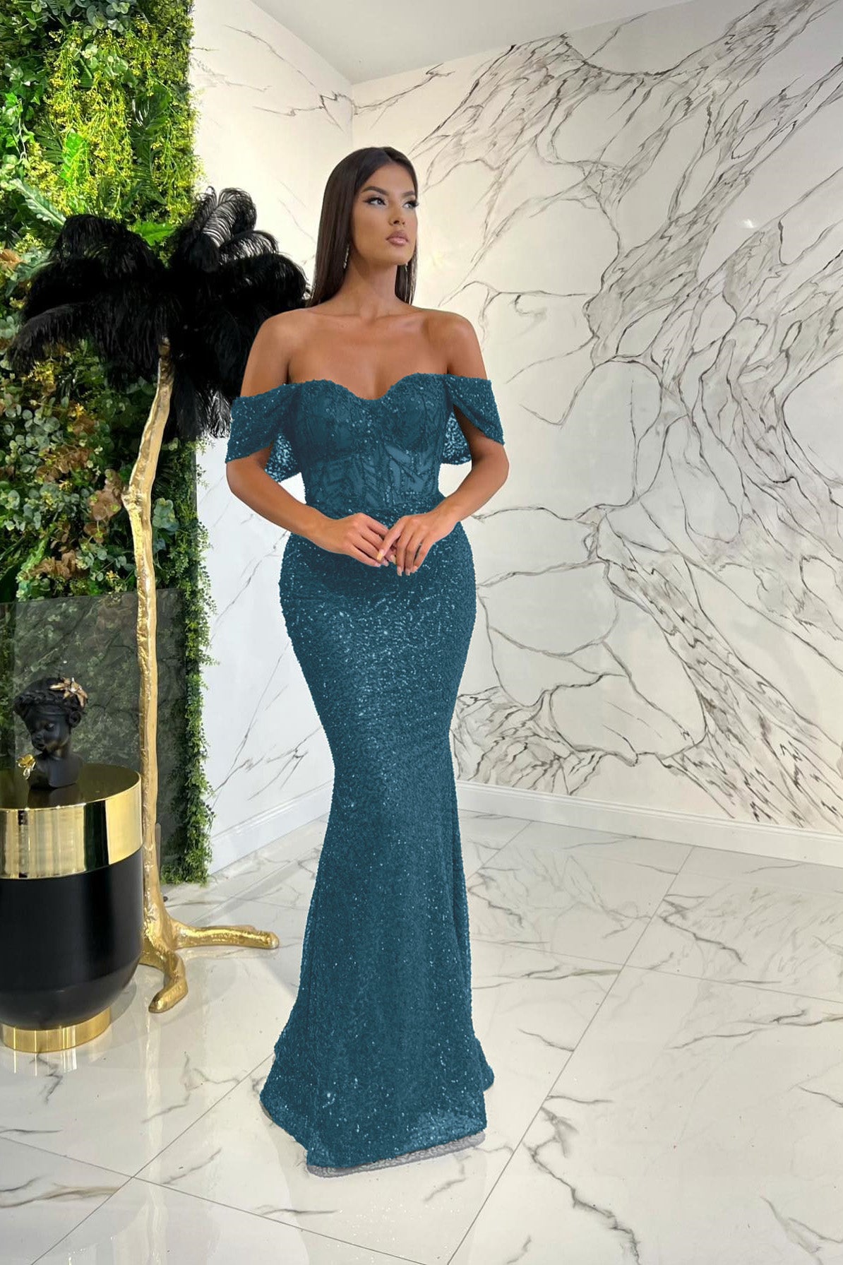 Amazing Dark Green Sweetheart Off-The-Shoulder Prom Dress With Appliques Sequins ED0410