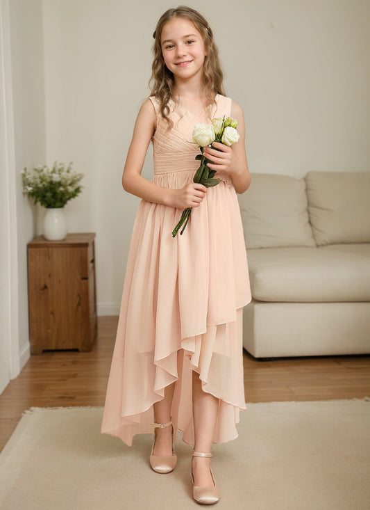 A-line V-Neck Asymmetrical Pleated Chiffon Junior Bridesmaid Dress With Flower