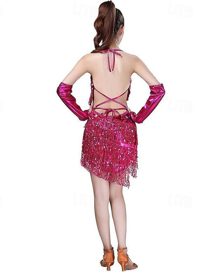 Sequins Tassel Latin Dance Dress for Women's Party Dresses  with Gloves