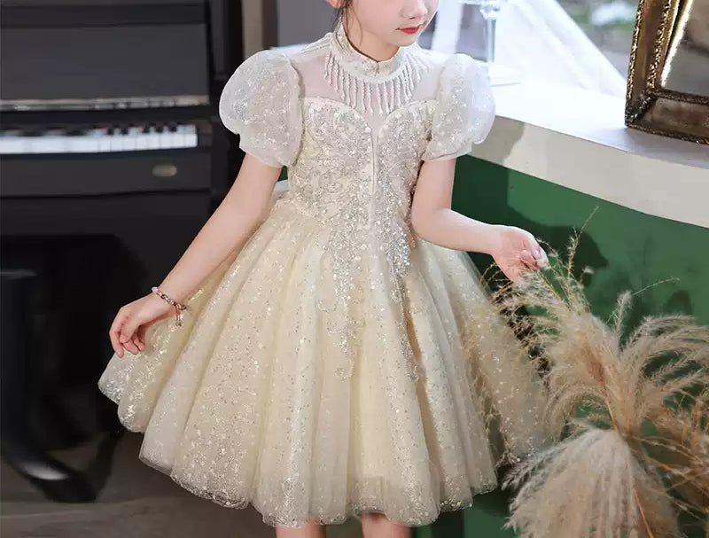 Short Sleeves Knee-Length Princess Flower Girl Lace Party Dress with Crystal Appliques