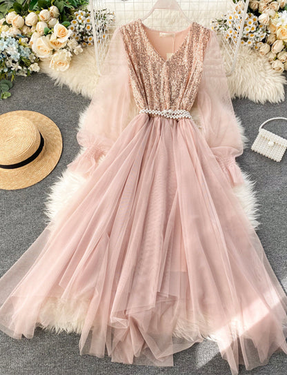 Cute v neck tulle sequins dress girl dress  1318