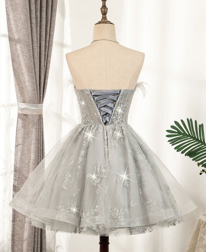 Gray tulle sequins short prom dress  8331