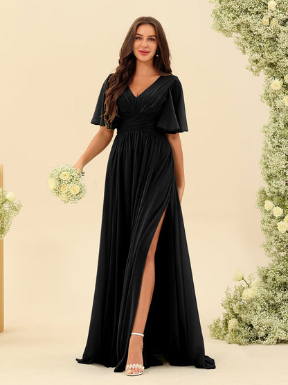 A-Line/Princess V-Neck Half Sleeves Chiffon Bridesmaid Dresses With Pockets & Split Side