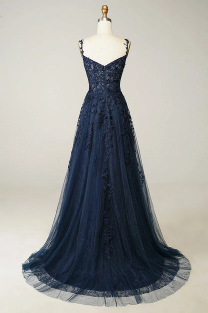 Fashion Spaghetti Straps Dark Navy Tulle Prom Dress Appliques Long Mermaid Dress YB0096