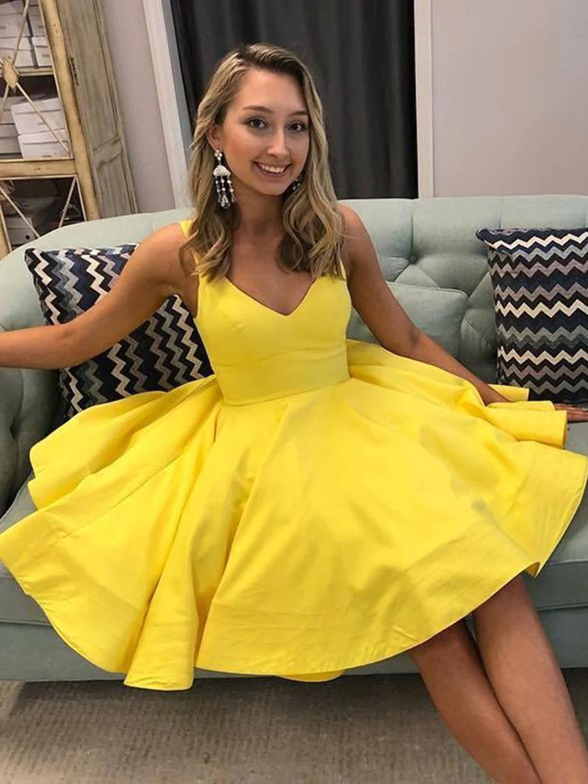 A Line V Neck Short Yellow Prom Dresses, Short Yellow Formal Homecoming Cocktail Dresses gh1641