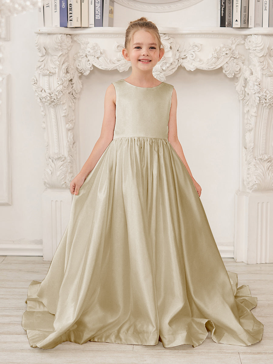 A-Line Princess Sleeveless Satin Flower Girl Dress with Sweep Train and Bow