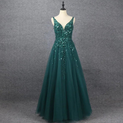 Edgynewlook Emerald V Neck Floor Length Prom Dress A Line Sleeveless With Appliques