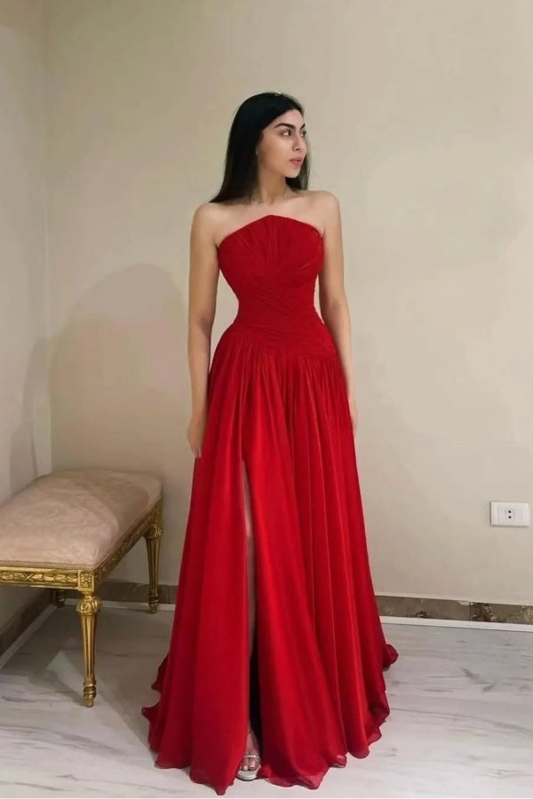 Red Chiffon Strapless Split Prom Dress ZT0508