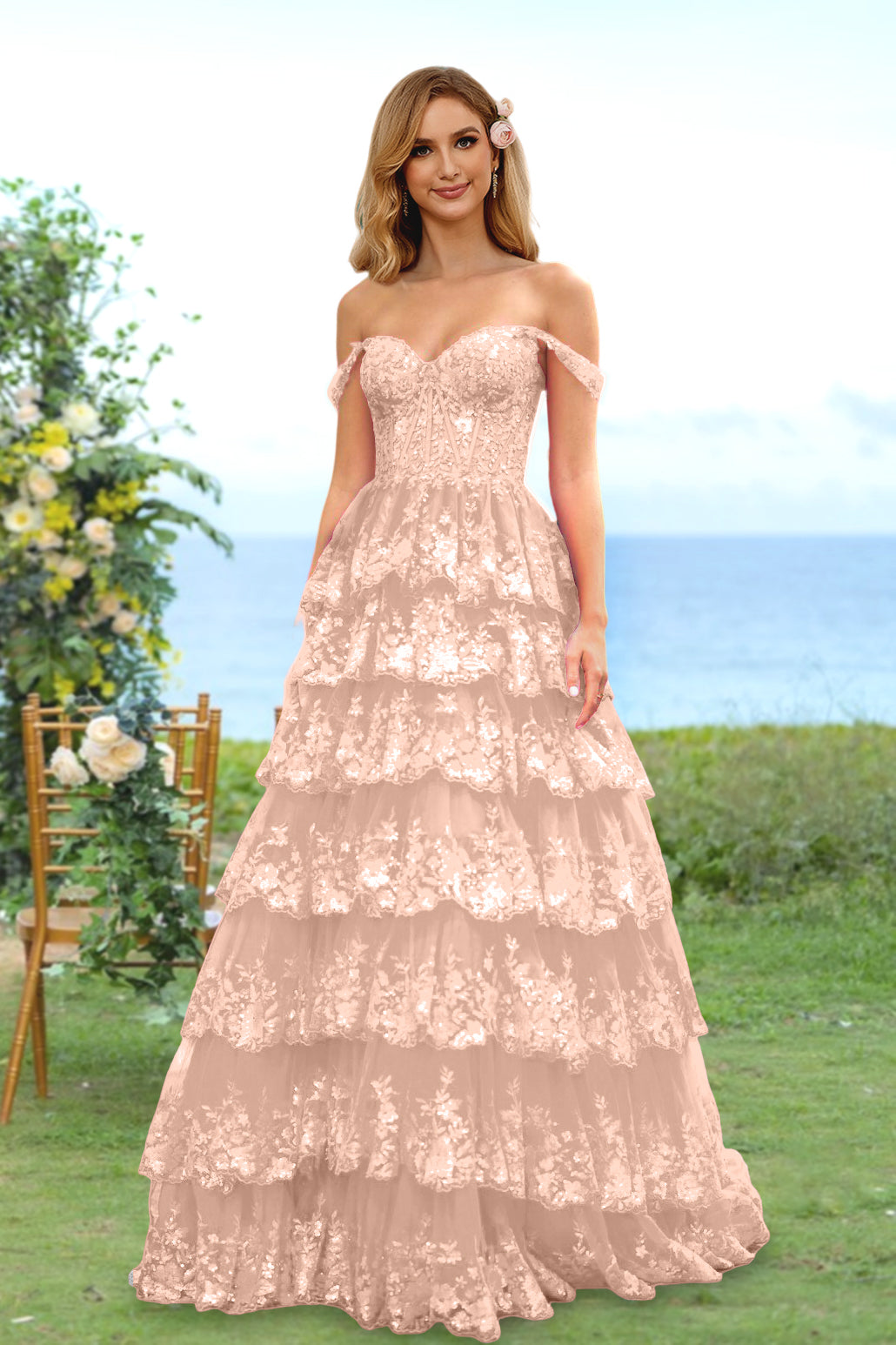 A-Line/Princess Sweetheart Off-the-Shoulder Long Prom Evening Party Floral Dresses with Sequins & Ruffles