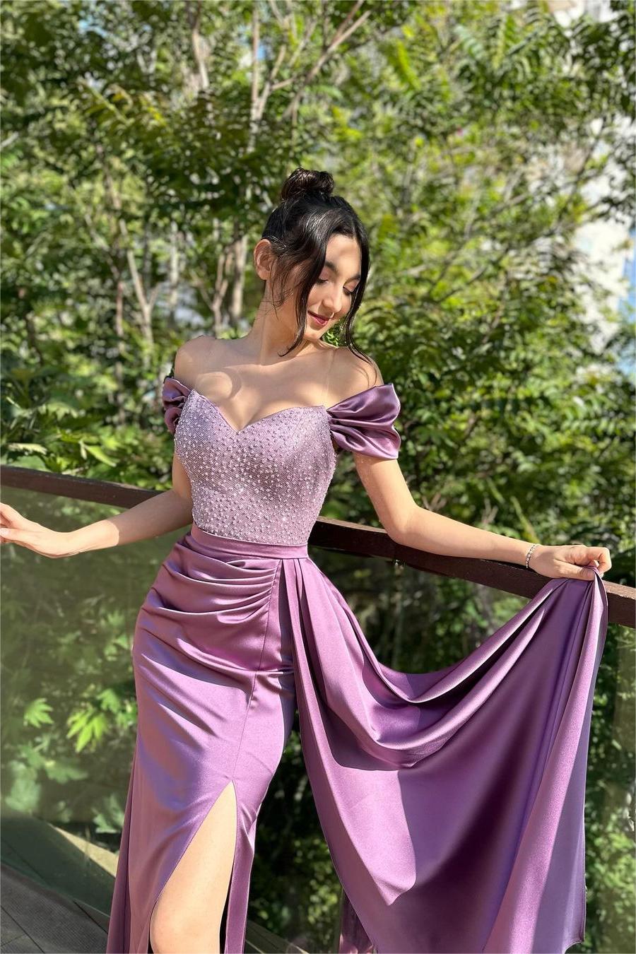 edgynewlook Stunning Purple Satin Off the Shoulder Strapless Beadings Prom Dress with Split