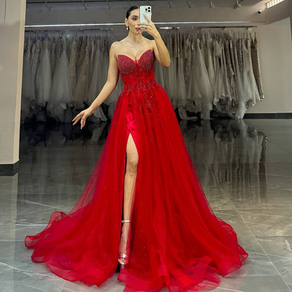 Red Tulle Strapless Split Beaded Prom Dress ZT0456