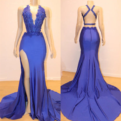 Blue Halter Mermaid Long Prom Dress Split With Lace Appliques PD0740