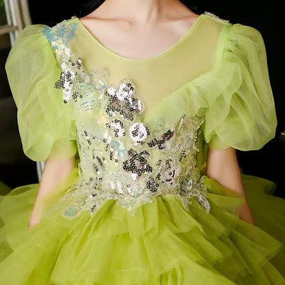 Ball Gown Short Sleeves Multi-Layered Girl Party Dresses with Appliques