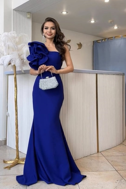 Blue Mermaid One-Shoulder Flower Elegant Long Bandeau Collar Prom Dress ZT0146