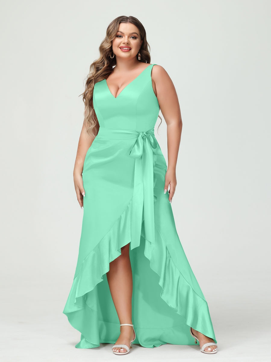 Sheath/Column V-Neck Sleeveless Ruffles High Low Plus Size Dresses with Pockets & Sash