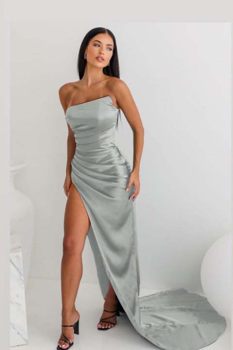 Elegant Teal Strapless Satin Prom Dress With Asymmetric Draping And Thigh-High Split ZT0160