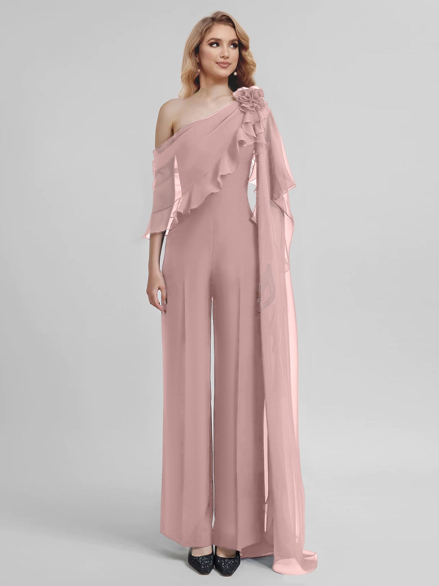 Jumpsuits One-Shoulder Half Sleeves Chiffon Mother Of The Bride Pantsuits